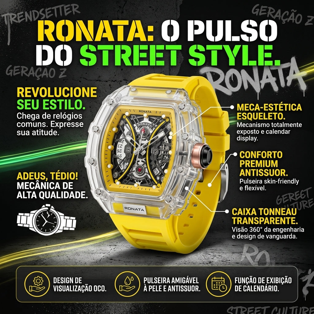 Relógio Mecânico Esqueleto Ronata Caixa Transparente Tonneau Pulseira Amarela Fluoroelastômero