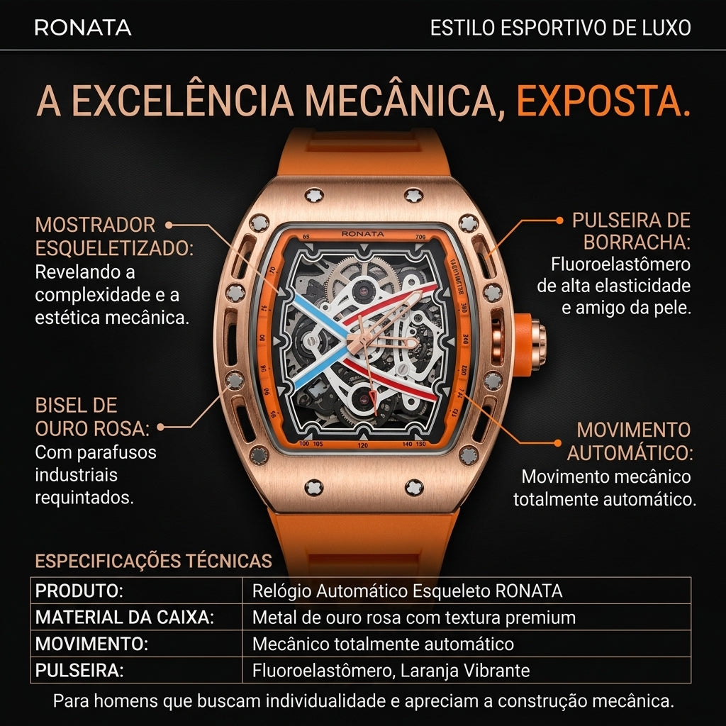 Relógio Mecânico Automático Esqueleto Ronata Caixa Ouro Rosa Pulseira Fluoroelastômero Laranja