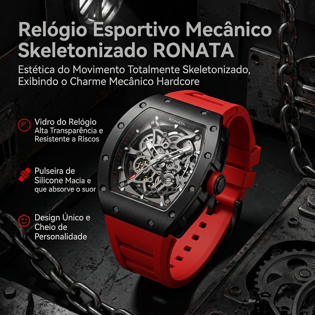 Relógio Mecânico Esqueleto Ronata Caixa Cinza Titânio Pulseira Silicone Vermelho Cronógrafo