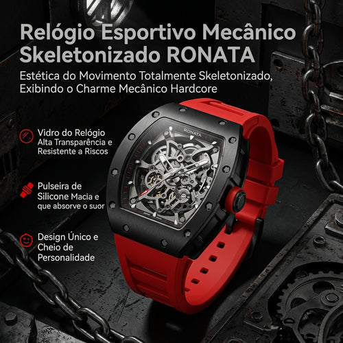 Relógio Mecânico Esqueleto Ronata Caixa Cinza Titânio Pulseira Silicone Vermelho Cronógrafo