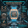 Relógio Ronata Quartzo Esqueleto Multifuncional Caixa Ouro Rosa Pulseira Silicone Azul