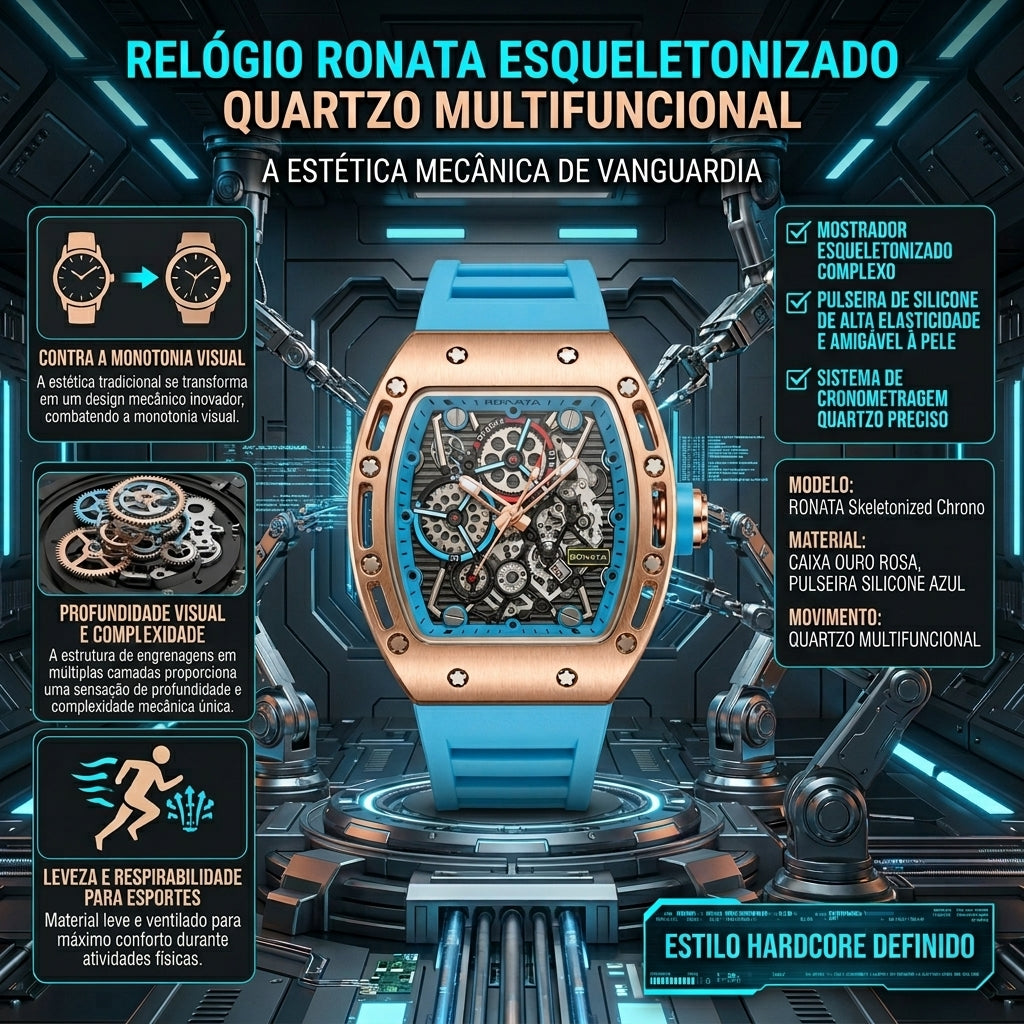 Relógio Ronata Quartzo Esqueleto Multifuncional Caixa Ouro Rosa Pulseira Silicone Azul