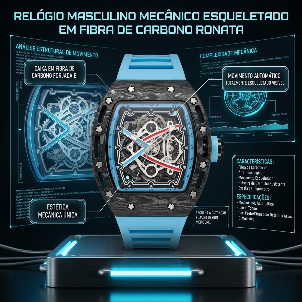Relógio Masculino Ronata Fibra de Carbono Forjada Automático Esqueleto Pulseira Silicone Azul Céu