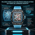 Relógio Masculino Ronata Fibra de Carbono Forjada Automático Esqueleto Pulseira Silicone Azul Céu