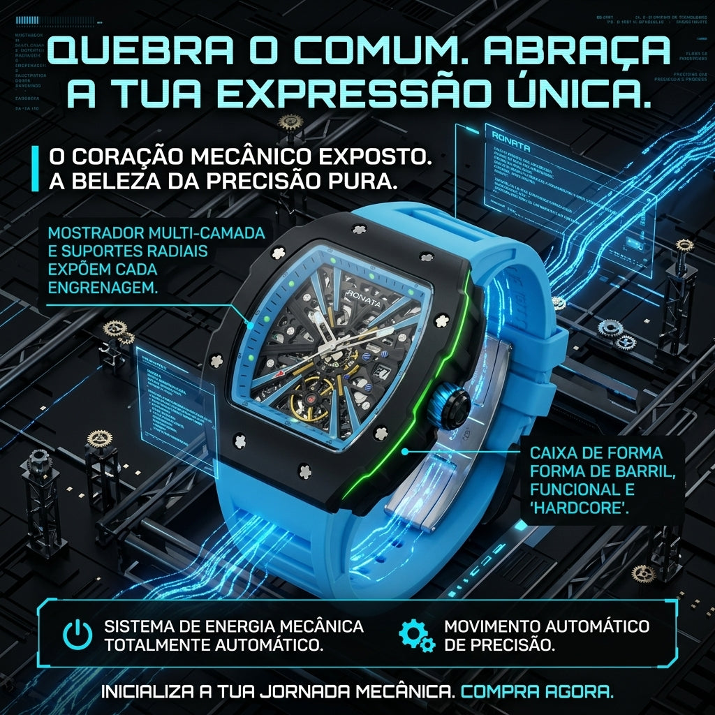Relógio Mecânico Automático Ronata Esqueleto Caixa Barril Pulseira Silicone Azul