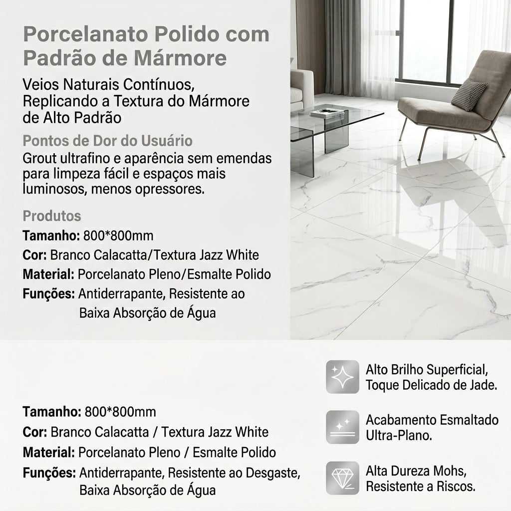 【Entrega gratuita até casa em Soyo】Porcelanato Calacatta White 800x800mm Polido Integral Veios Cinza Naturais Anti-derrapante