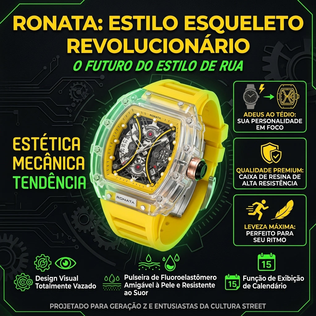 Relógio Mecânico Esqueleto Ronata Caixa Transparente Tonneau Pulseira Amarela Fluoroelastômero