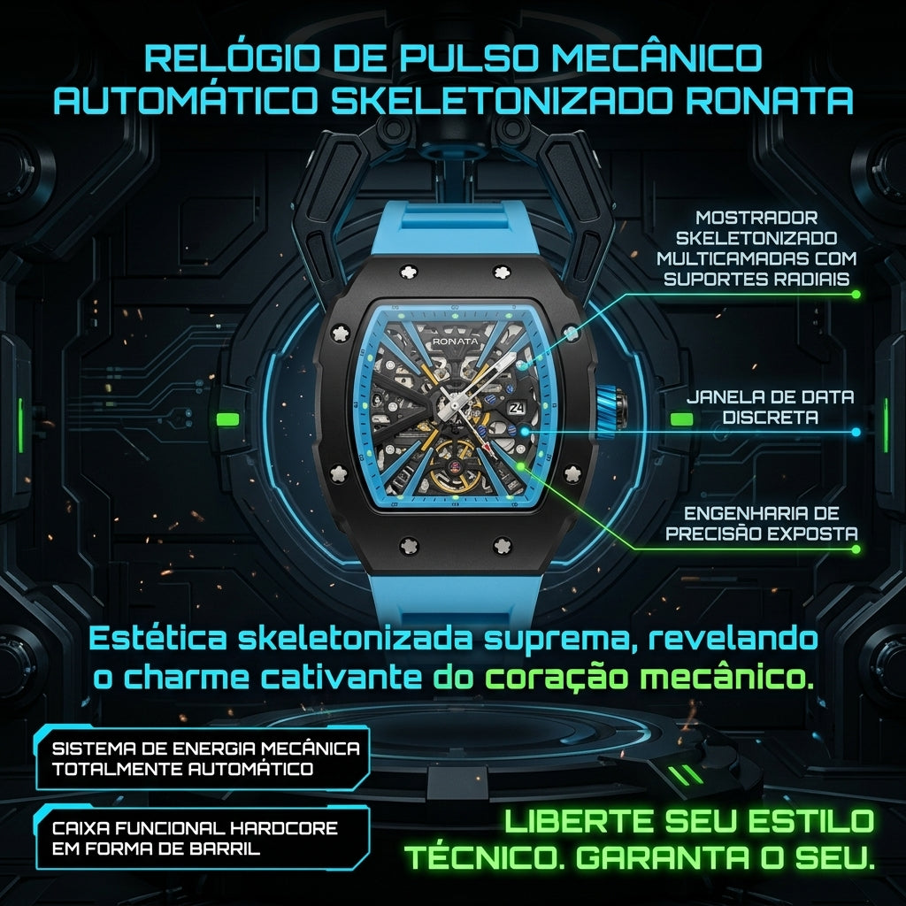 Relógio Mecânico Automático Ronata Esqueleto Caixa Barril Pulseira Silicone Azul