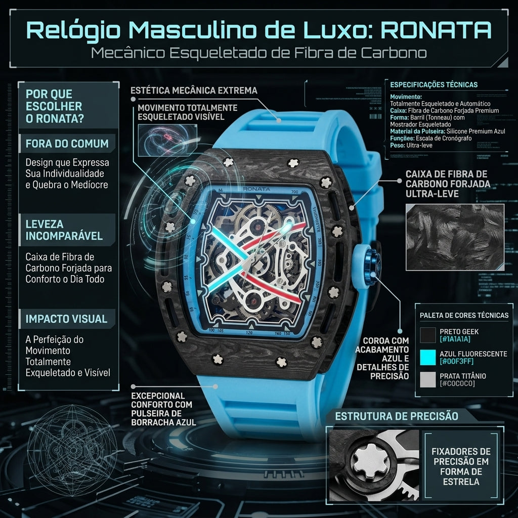 Relógio Masculino Ronata Fibra de Carbono Forjada Automático Esqueleto Pulseira Silicone Azul Céu