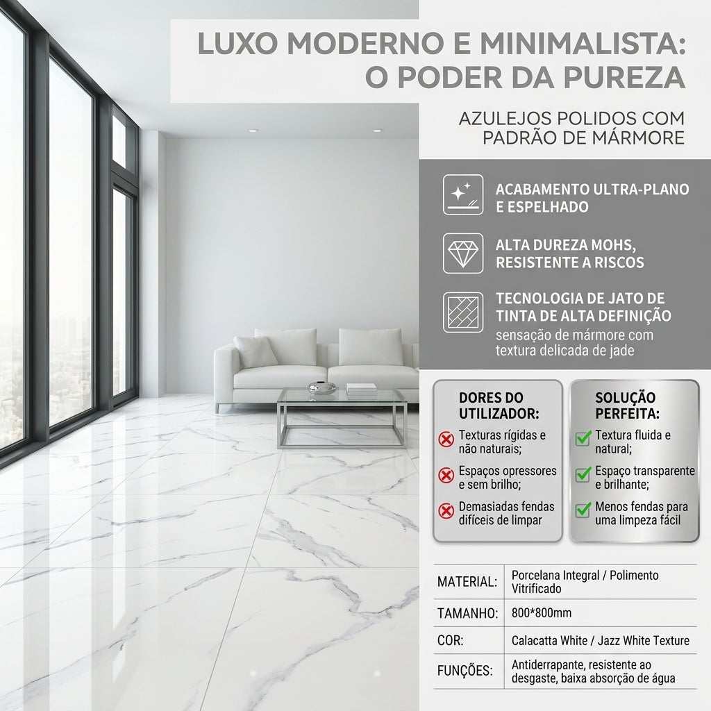 【Entrega gratuita até casa em Soyo】Porcelanato Calacatta White 800x800mm Polido Integral Veios Cinza Naturais Anti-derrapante