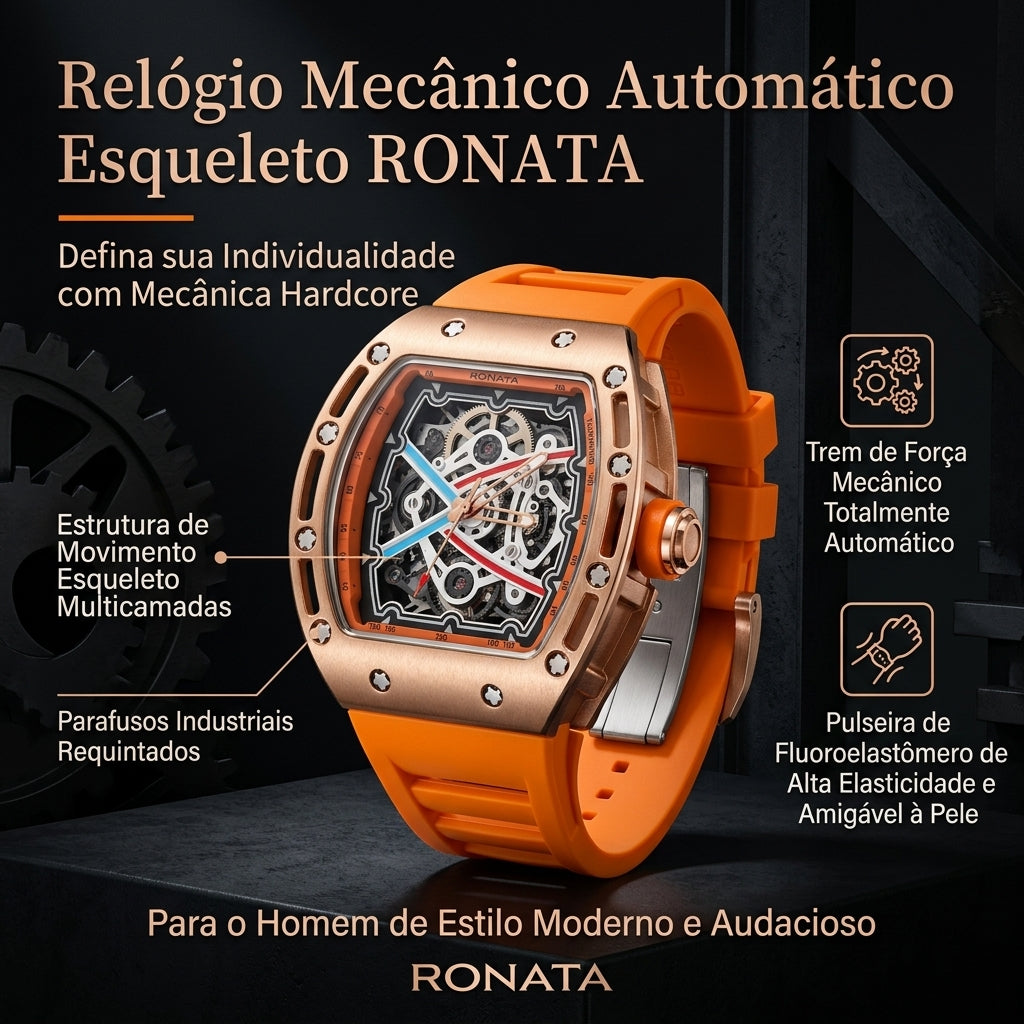 Relógio Mecânico Automático Esqueleto Ronata Caixa Ouro Rosa Pulseira Fluoroelastômero Laranja