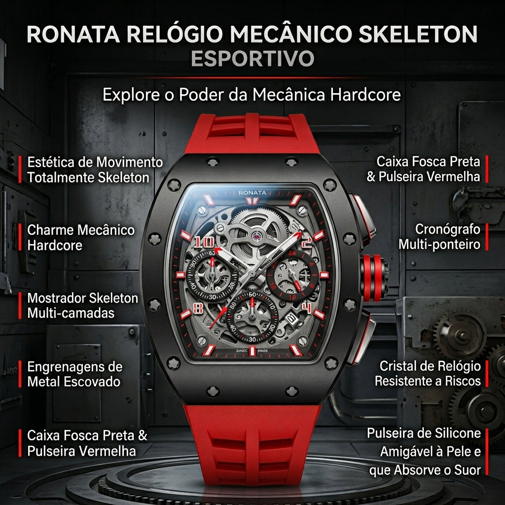 Relógio Mecânico Esqueleto Ronata Caixa Cinza Titânio Pulseira Silicone Vermelho Cronógrafo