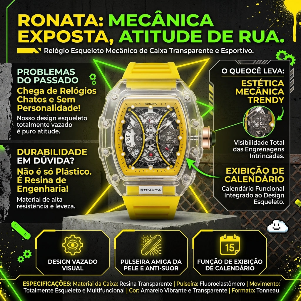 Relógio Mecânico Esqueleto Ronata Caixa Transparente Tonneau Pulseira Amarela Fluoroelastômero