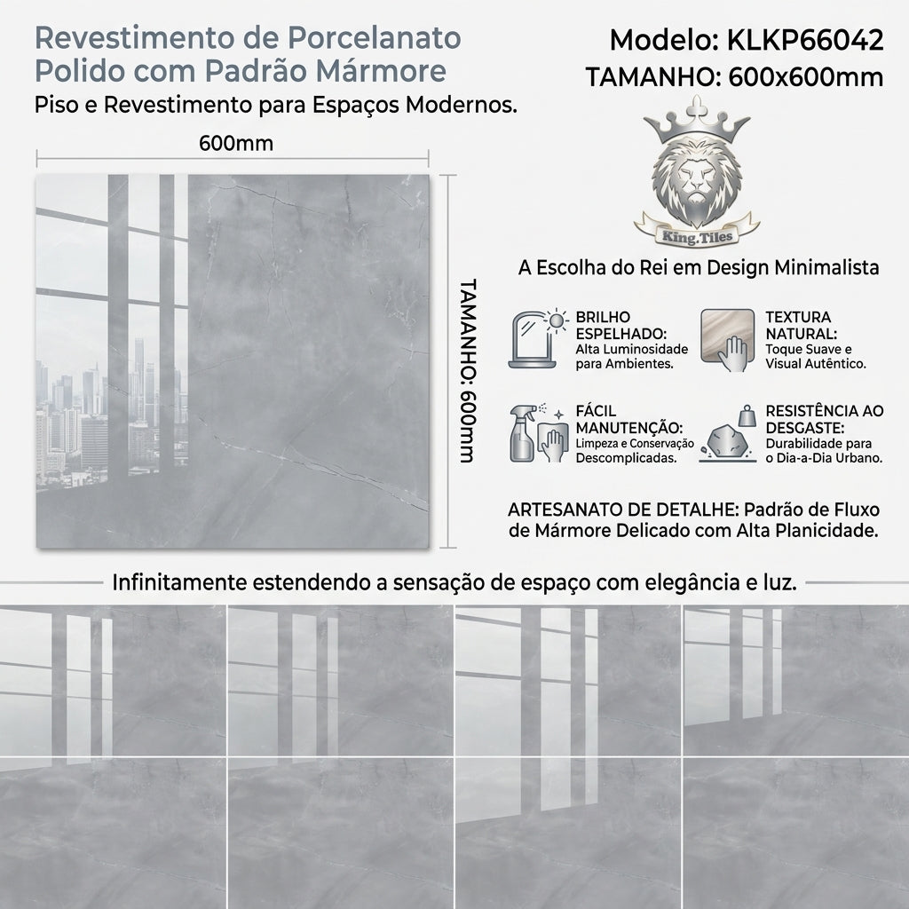 【Entrega gratuita até casa em Soyo】Porcelanato Polido KLKP66042 600x600mm Padrão Mármore Cinza Anti-derrapante King.Tiles