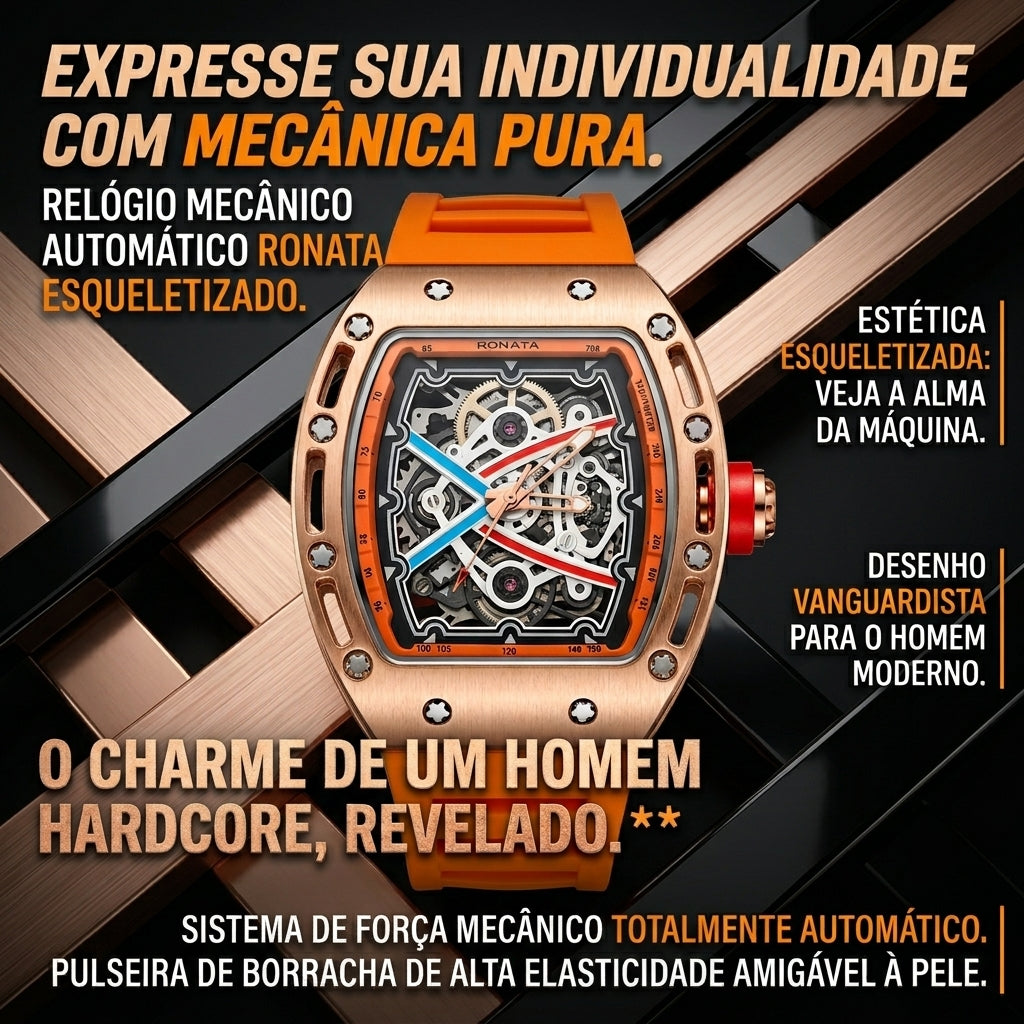 Relógio Mecânico Automático Esqueleto Ronata Caixa Ouro Rosa Pulseira Fluoroelastômero Laranja