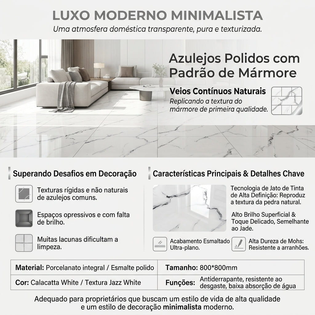 【Entrega gratuita até casa em Soyo】Porcelanato Calacatta White 800x800mm Polido Integral Veios Cinza Naturais Anti-derrapante