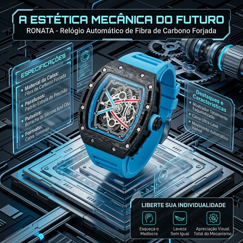 Relógio Masculino Ronata Fibra de Carbono Forjada Automático Esqueleto Pulseira Silicone Azul Céu