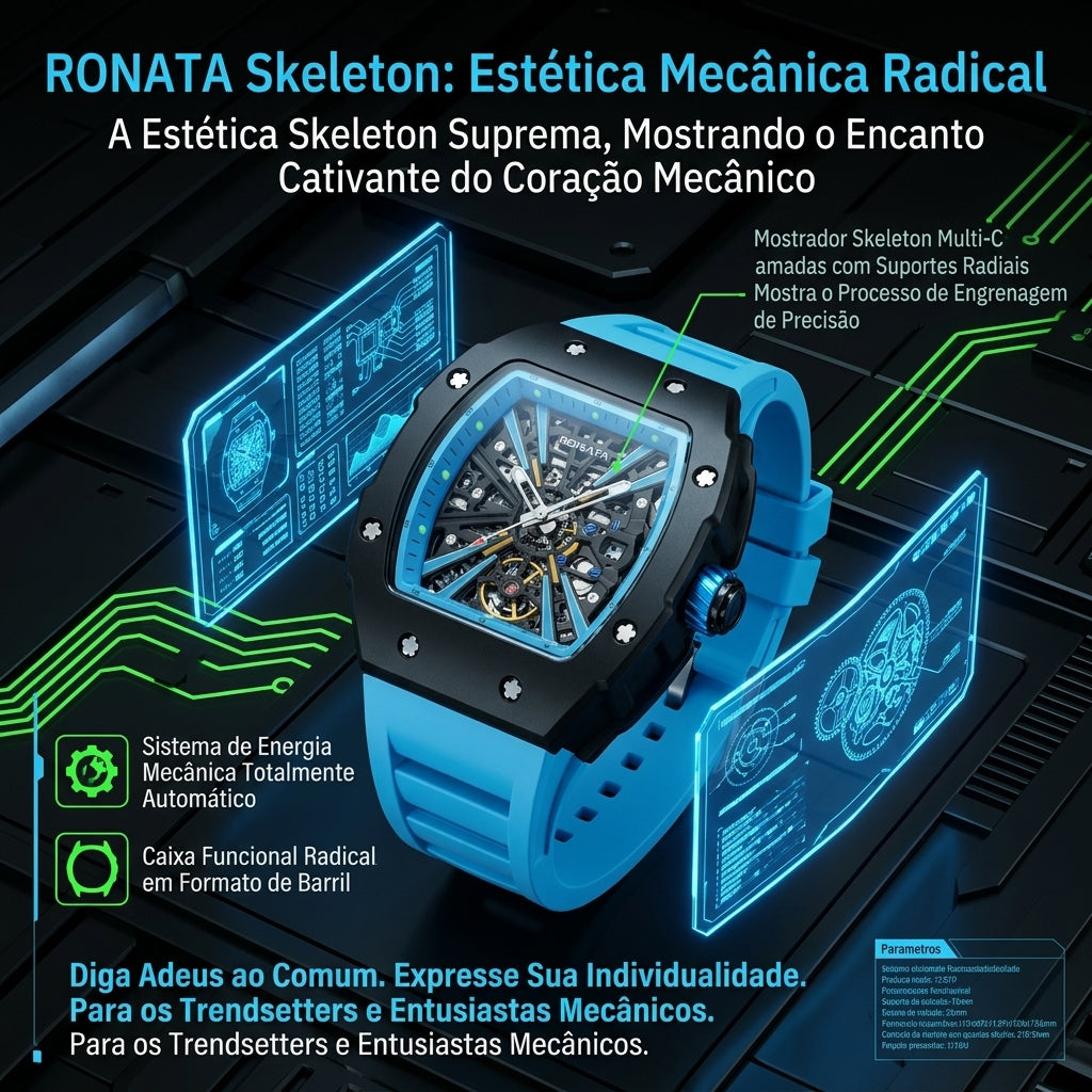 Relógio Mecânico Automático Ronata Esqueleto Caixa Barril Pulseira Silicone Azul