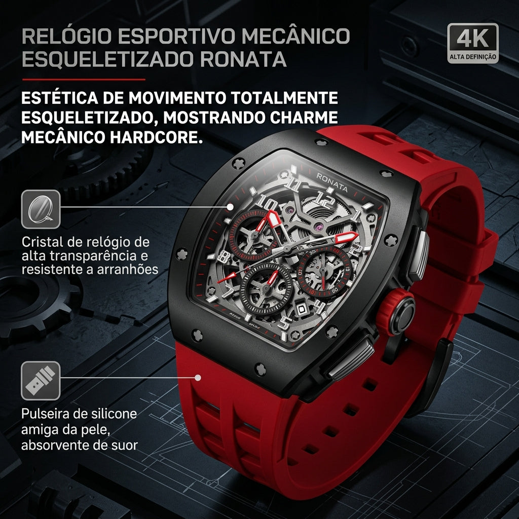 Relógio Mecânico Esqueleto Ronata Caixa Cinza Titânio Pulseira Silicone Vermelho Cronógrafo