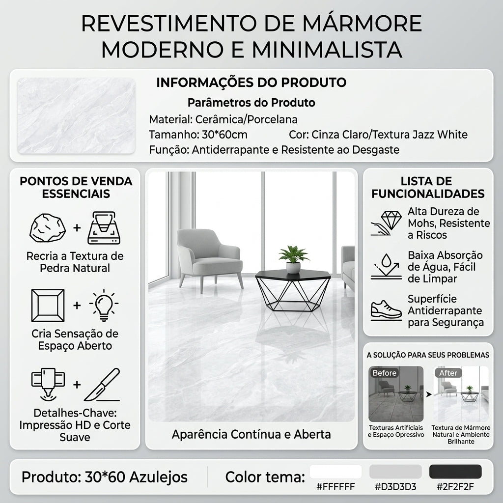 【Entrega gratuita até casa em Soyo】Azulejo Mármore HD 30x60cm Cinza Claro Jazz White Cerâmica Porcelana Antiderrapante