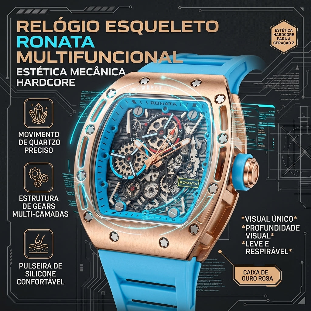 Relógio Ronata Quartzo Esqueleto Multifuncional Caixa Ouro Rosa Pulseira Silicone Azul