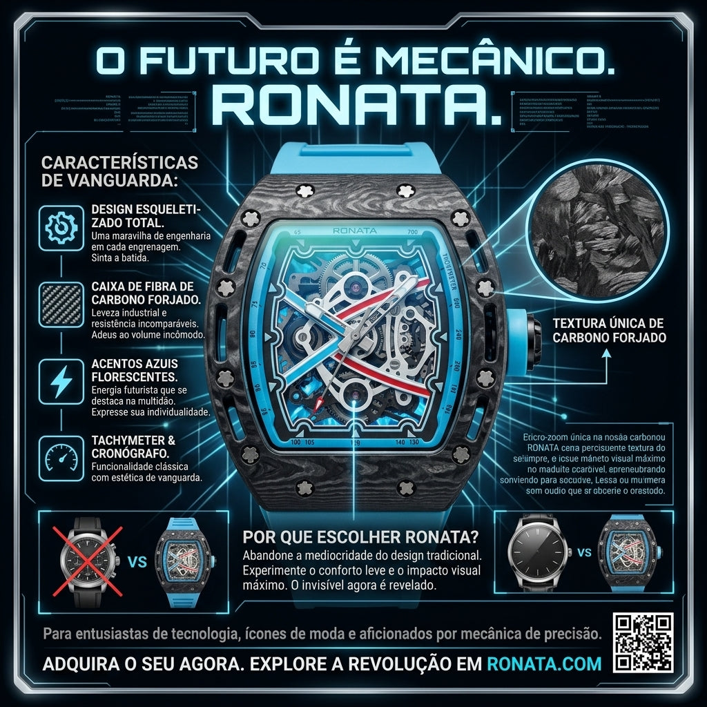 Relógio Masculino Ronata Fibra de Carbono Forjada Automático Esqueleto Pulseira Silicone Azul Céu