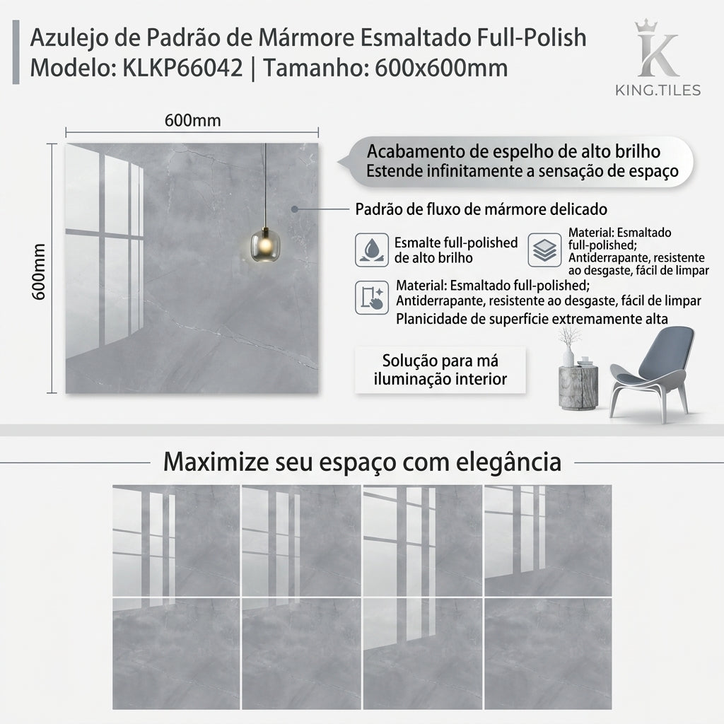 【Entrega gratuita até casa em Soyo】Porcelanato Polido KLKP66042 600x600mm Padrão Mármore Cinza Anti-derrapante King.Tiles