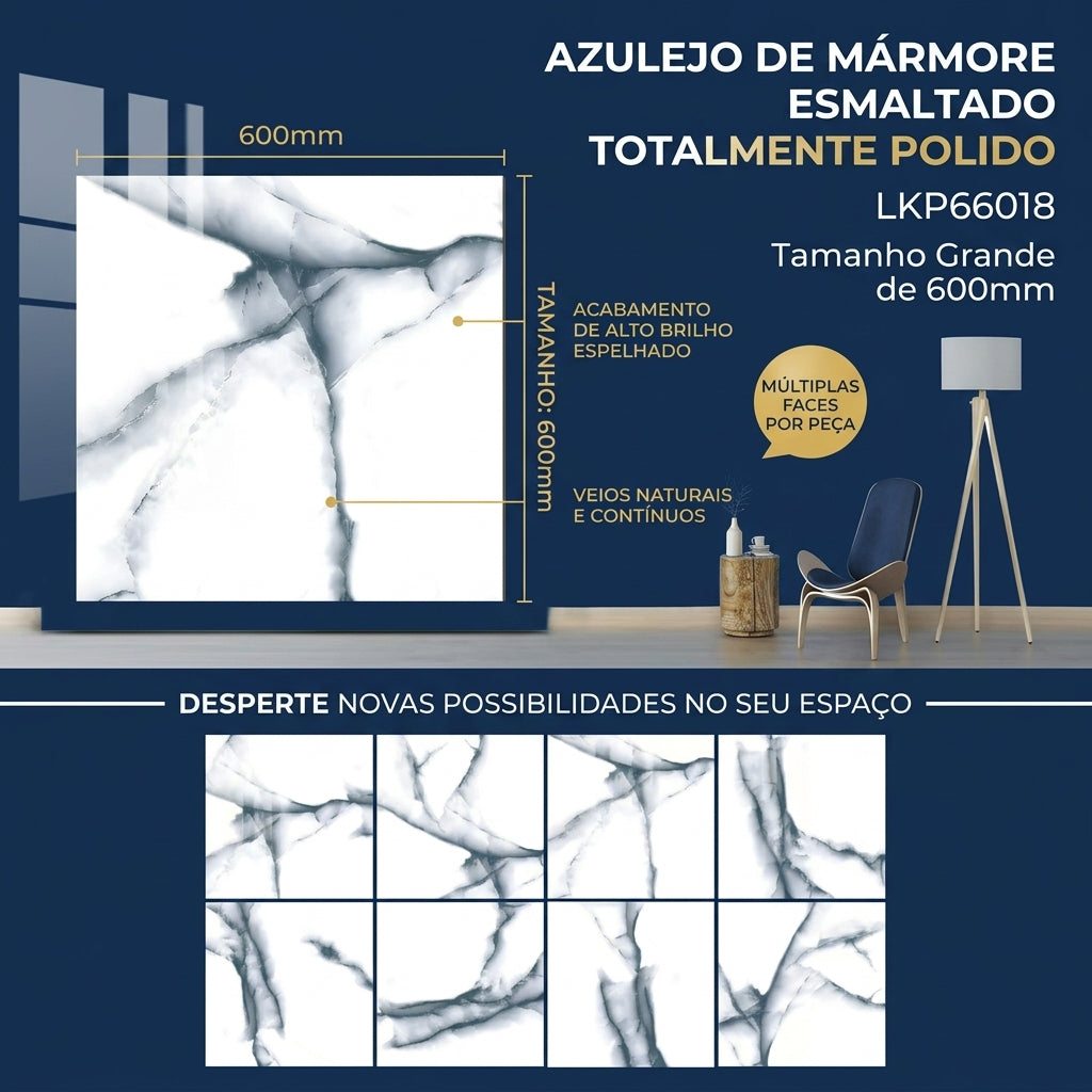【Entrega gratuita até casa em Soyo】Azulejo Artístico Polido KLKP66038 600x600mm Branco Seda King.Tiles Piso e Parede