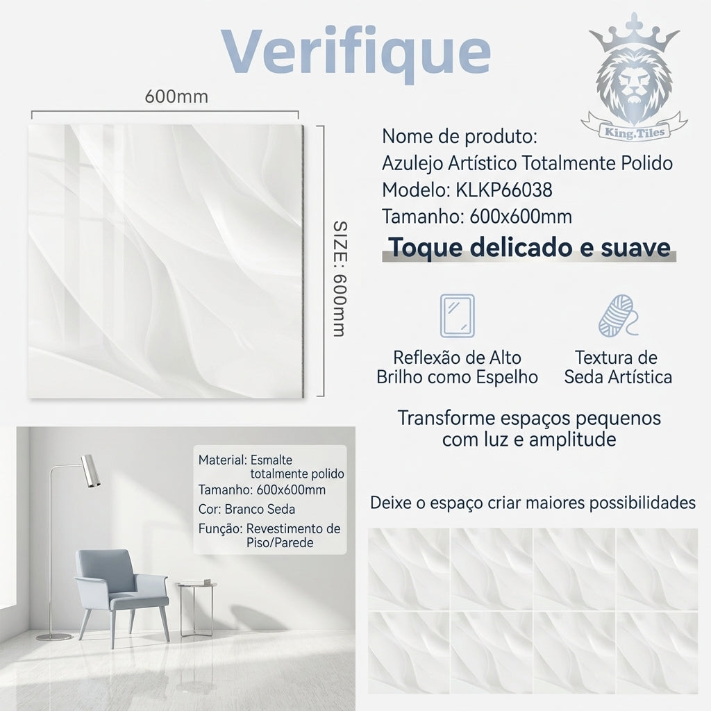 【Entrega gratuita até casa em Soyo】Azulejo Artístico Polido KLKP66038 600x600mm Branco Seda King.Tiles Piso e Parede