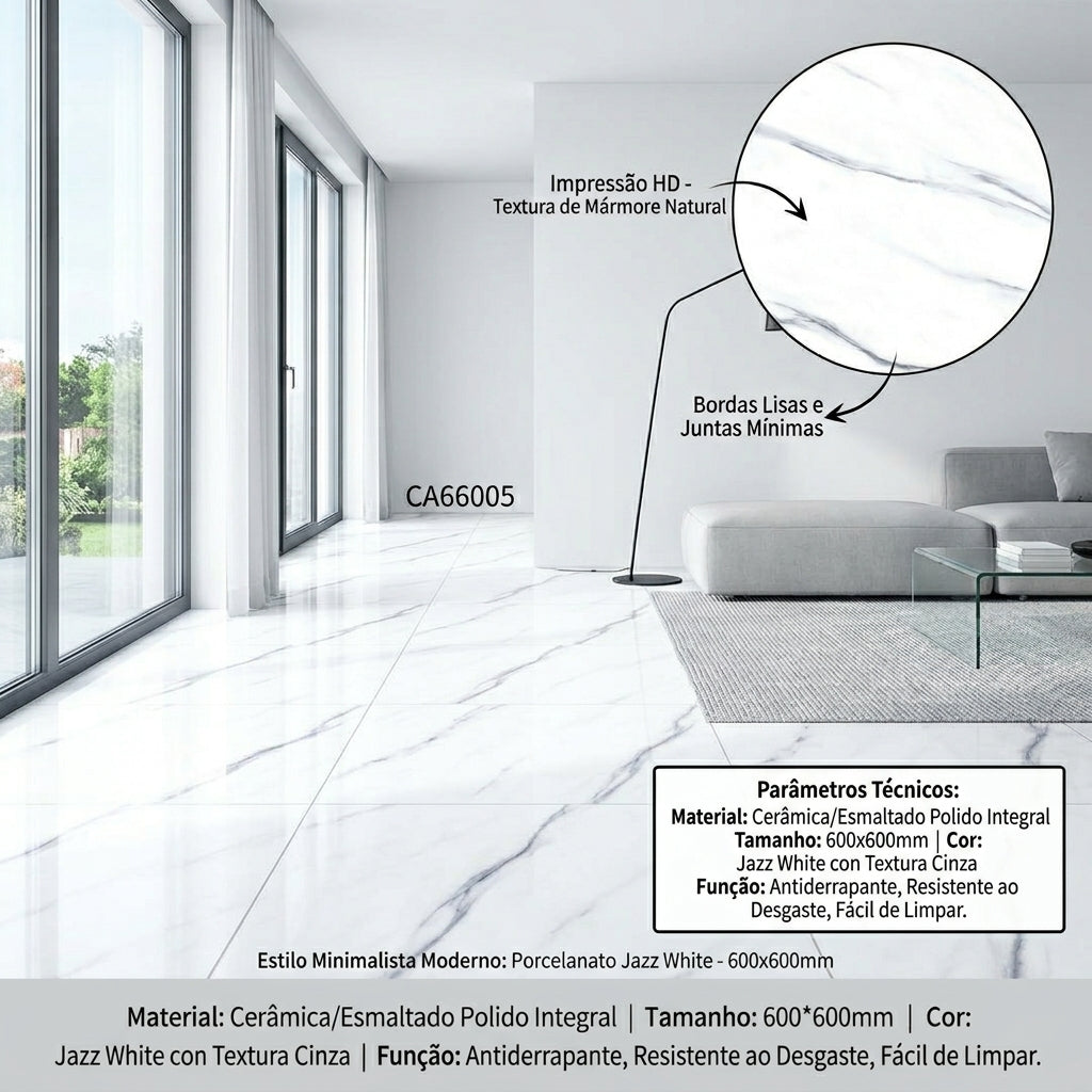 【Entrega gratuita até casa em Soyo】Porcelanato CA66005 Jazz Branco 600x600mm Polido Integral Veios Cinza HD Inkjet