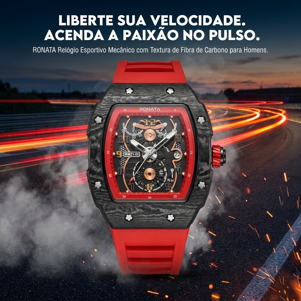 Relógio Mecânico Ronata Fibra de Carbono Forjada Cronógrafo Pulseira Silicone Vermelho