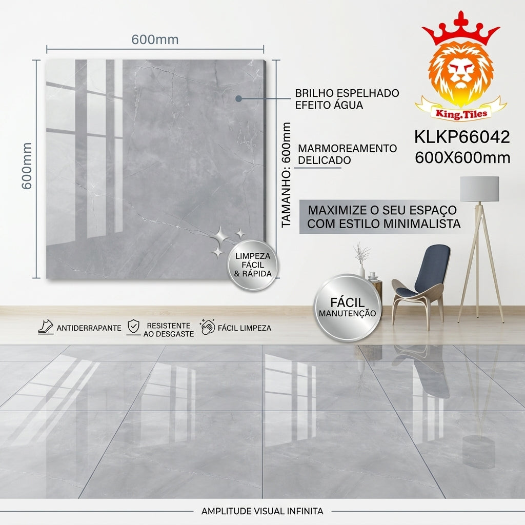 【Entrega gratuita até casa em Soyo】Porcelanato Polido KLKP66042 600x600mm Padrão Mármore Cinza Anti-derrapante King.Tiles