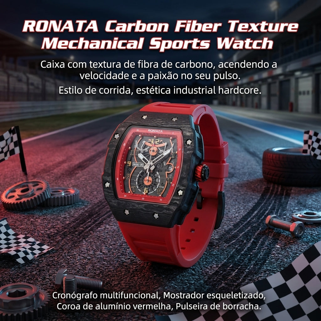 Relógio Mecânico Ronata Fibra de Carbono Forjada Cronógrafo Pulseira Silicone Vermelho
