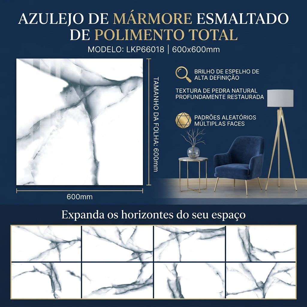 【Entrega gratuita até casa em Soyo】Azulejo Artístico Polido KLKP66038 600x600mm Branco Seda King.Tiles Piso e Parede