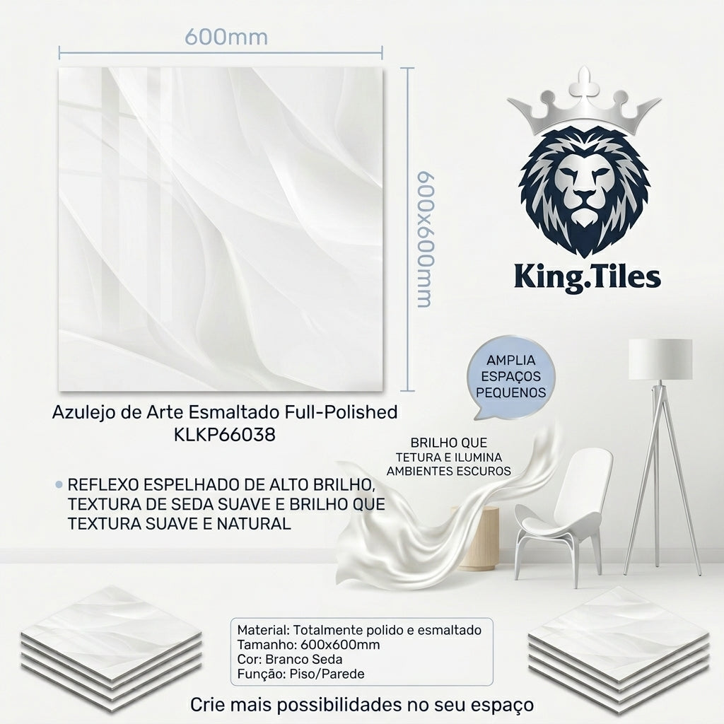 【Entrega gratuita até casa em Soyo】Azulejo Artístico Polido KLKP66038 600x600mm Branco Seda King.Tiles Piso e Parede