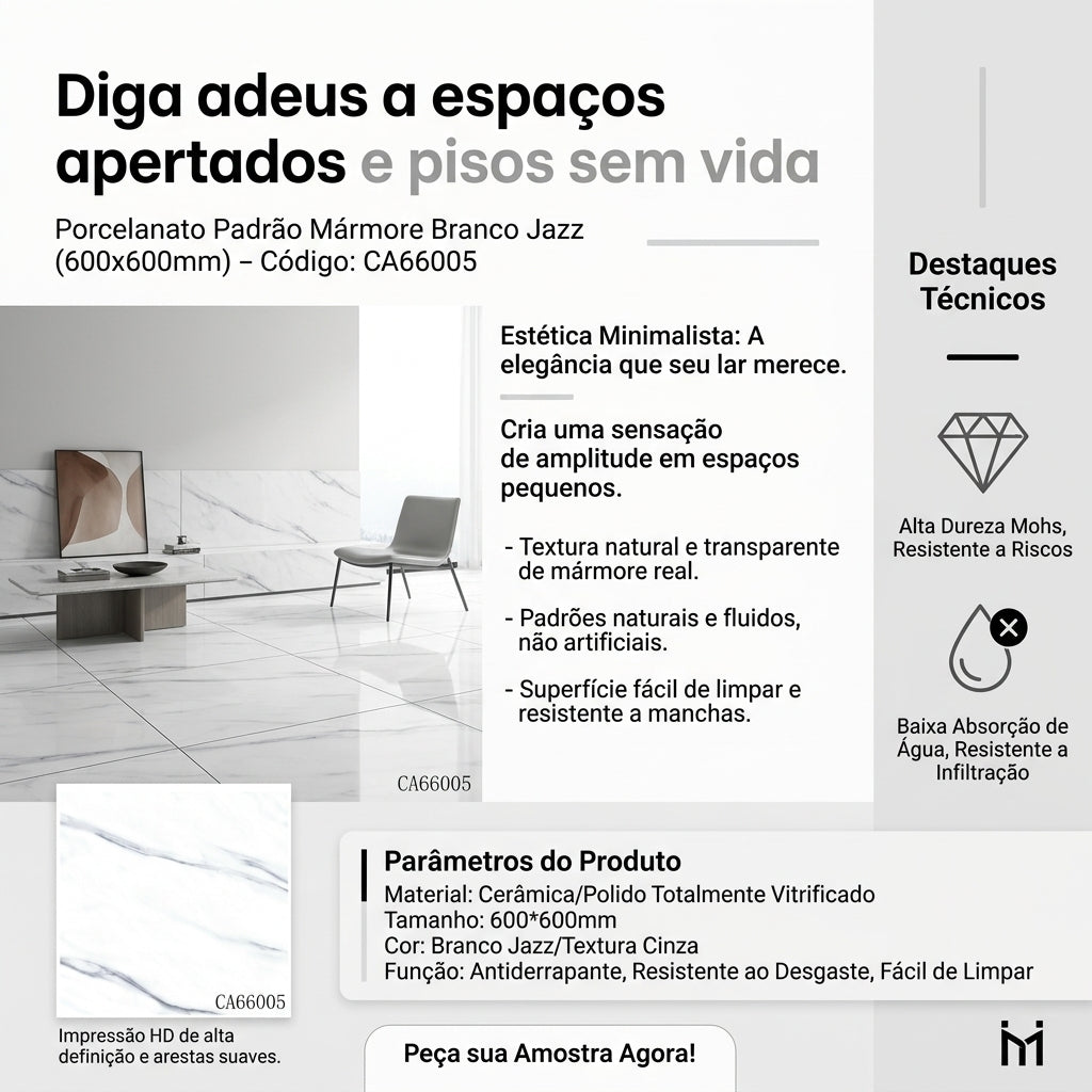 【Entrega gratuita até casa em Soyo】Porcelanato CA66005 Jazz Branco 600x600mm Polido Integral Veios Cinza HD Inkjet