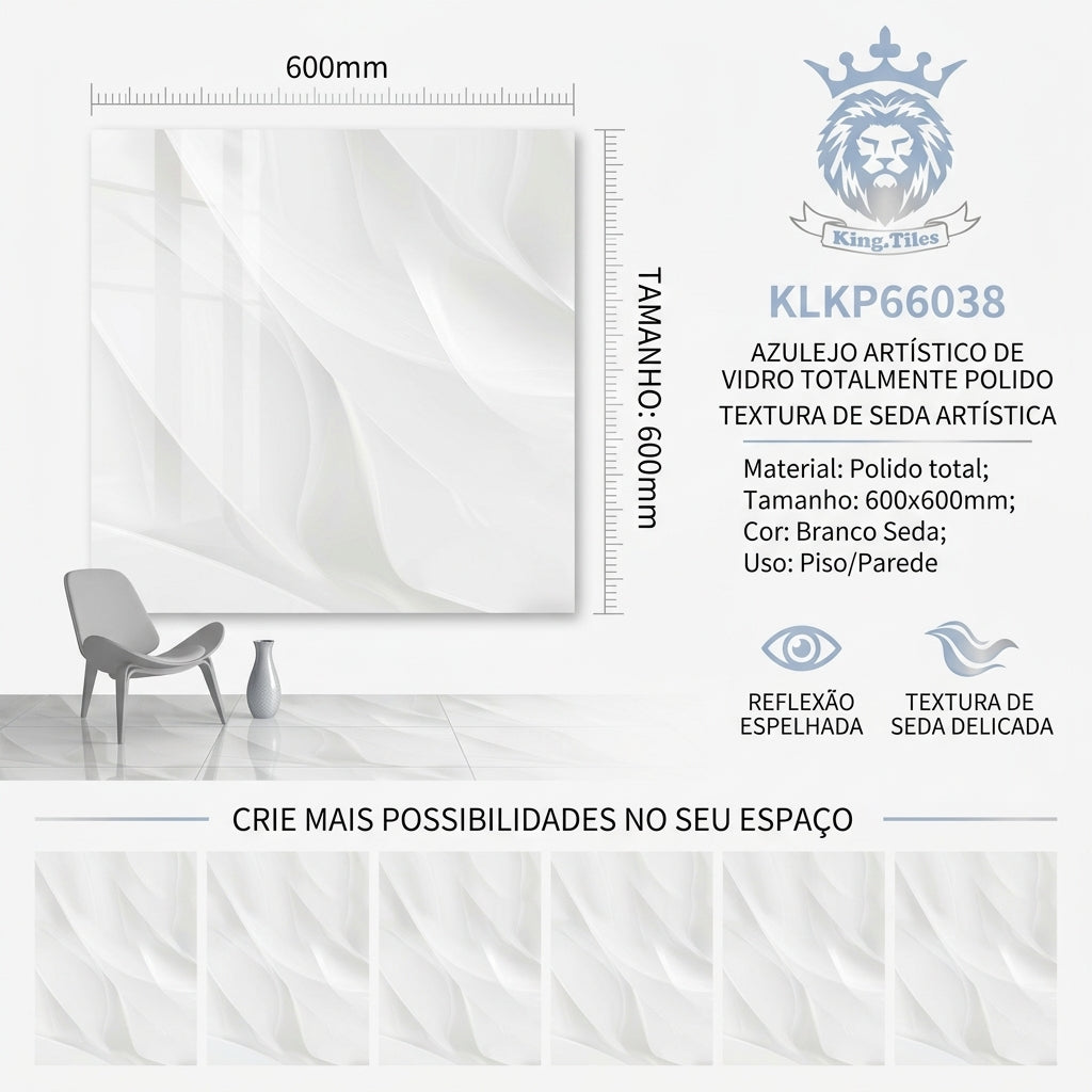 【Entrega gratuita até casa em Soyo】Azulejo Artístico Polido KLKP66038 600x600mm Branco Seda King.Tiles Piso e Parede