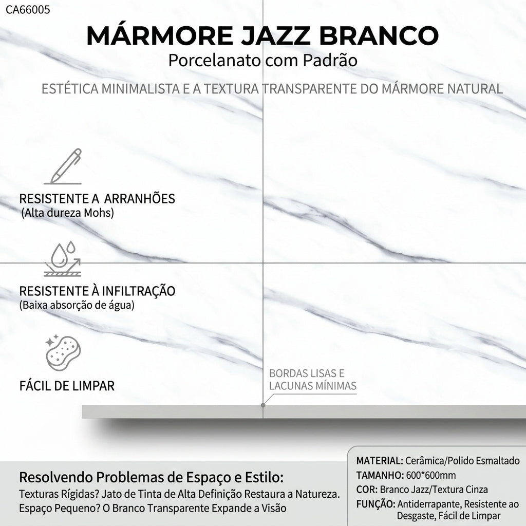 【Entrega gratuita até casa em Soyo】Porcelanato CA66005 Jazz Branco 600x600mm Polido Integral Veios Cinza HD Inkjet