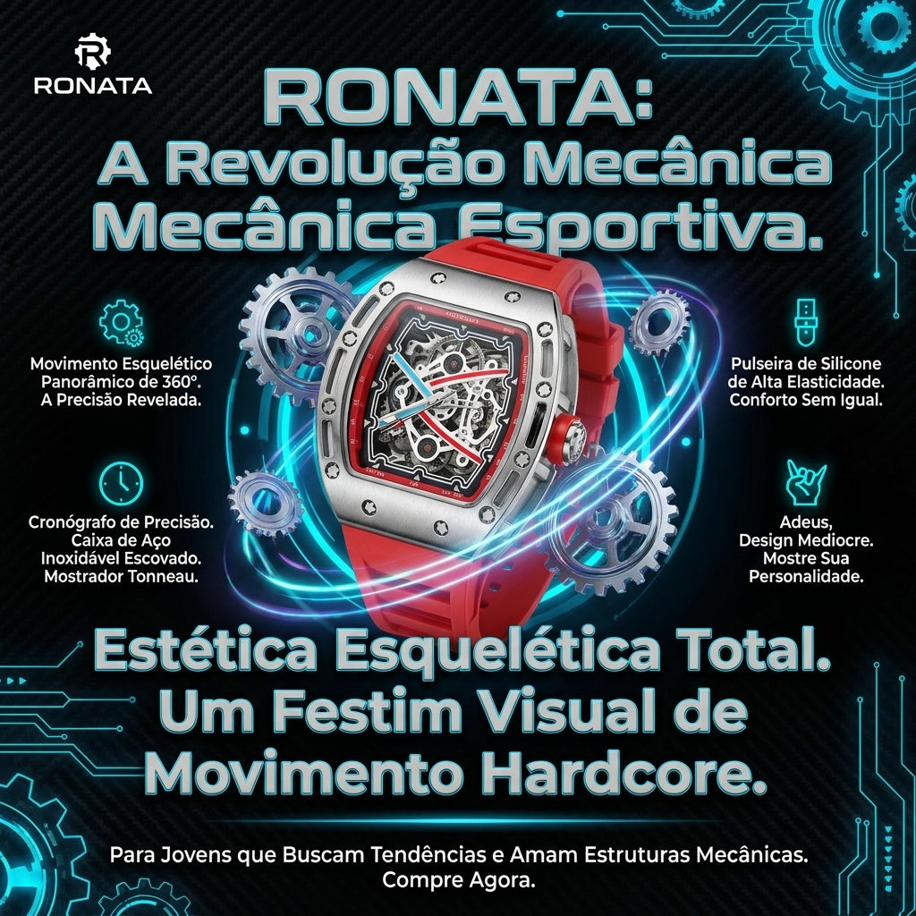 Relógio Mecânico Esqueletizado Ronata Caixa Aço Inoxidável Escovado Pulseira Fluoroelastômero