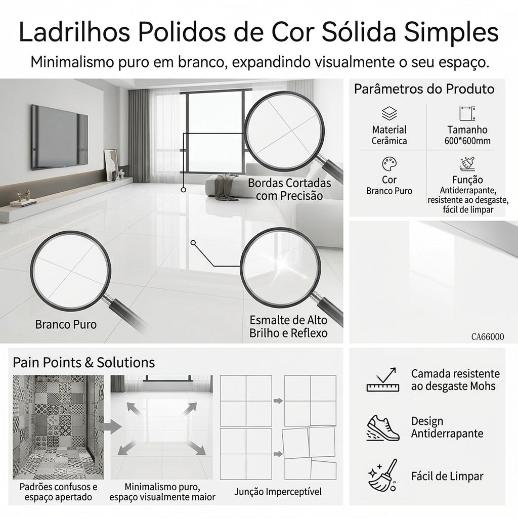 【Entrega gratuita até casa em Soyo】Porcelanato CA66000 Branco Puro 600x600mm Polido Alto Brilho Antiderrapante