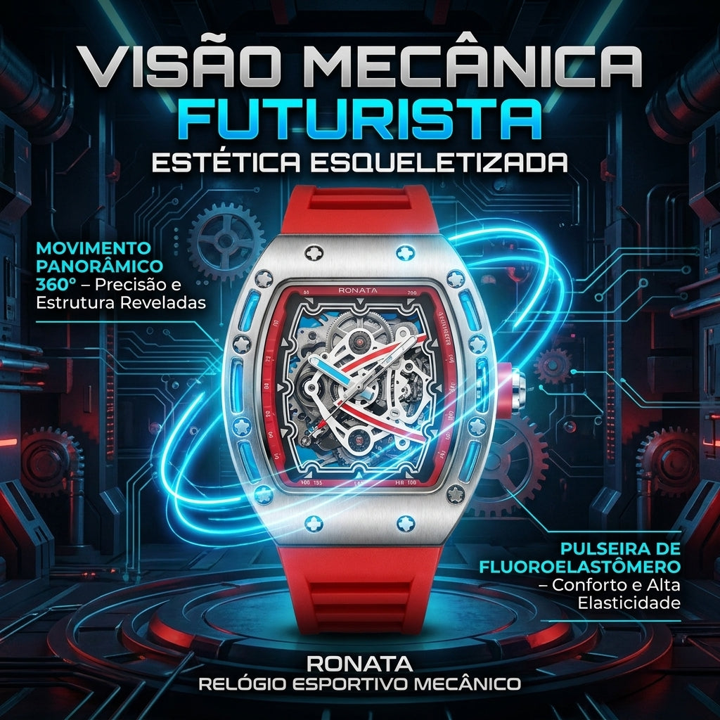 Relógio Mecânico Esqueletizado Ronata Caixa Aço Inoxidável Escovado Pulseira Fluoroelastômero
