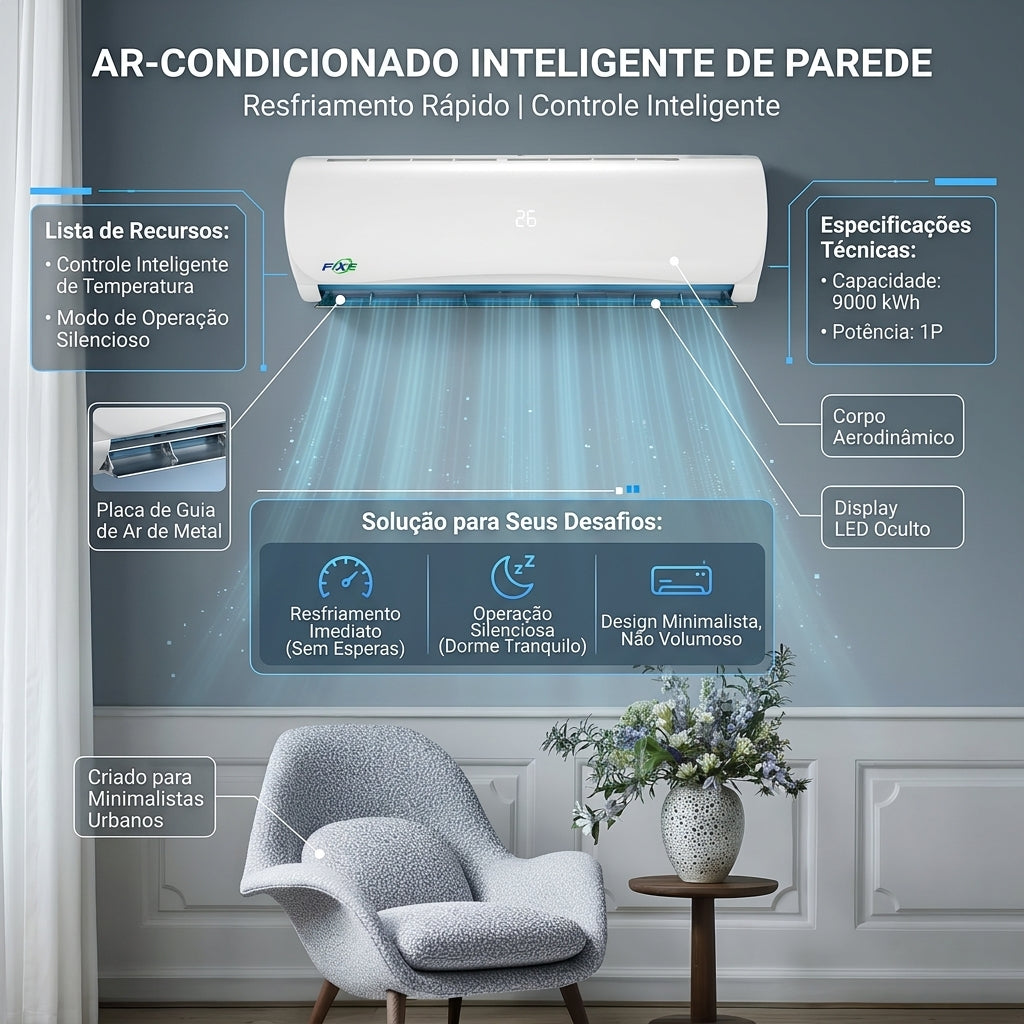Ar Condicionado Split Fixxe 1P 9000 BTU Inteligente Resfriamento Rápido Modo Silencioso
