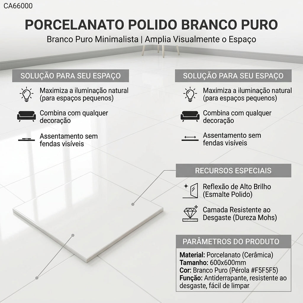 【Entrega gratuita até casa em Soyo】Porcelanato CA66000 Branco Puro 600x600mm Polido Alto Brilho Antiderrapante