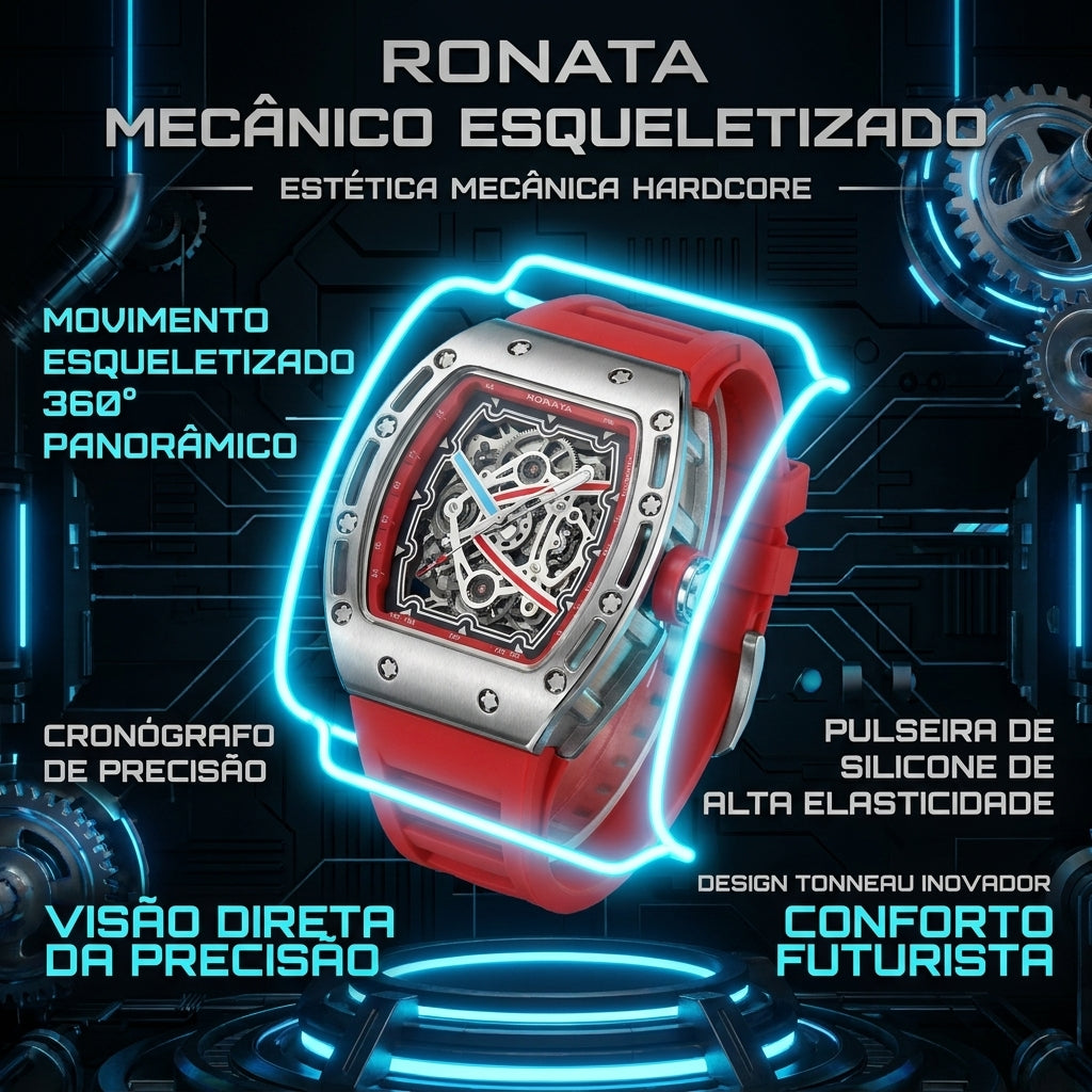 Relógio Mecânico Esqueletizado Ronata Caixa Aço Inoxidável Escovado Pulseira Fluoroelastômero