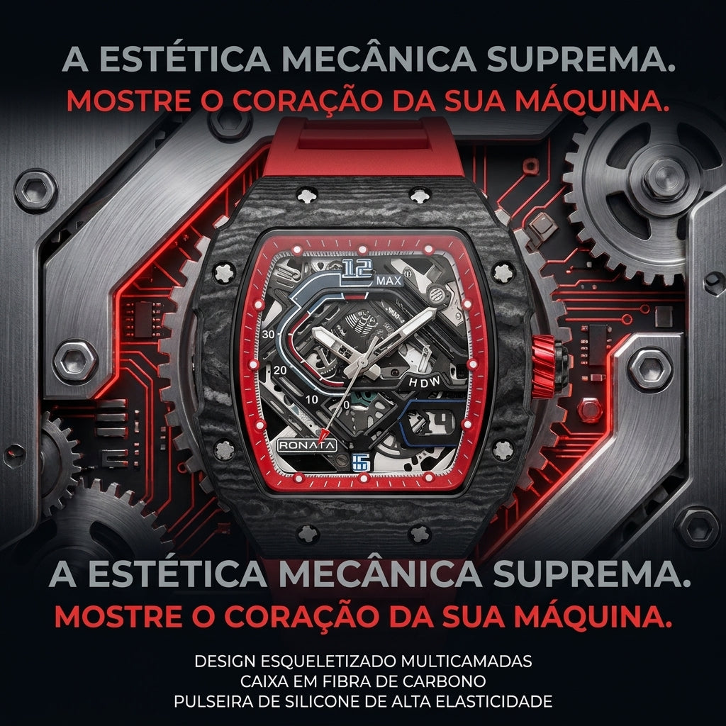 Relógio Ronata Mecânico Esqueleto Fibra de Carbono Pulseira Silicone Vermelho Ponteiros Luminosos