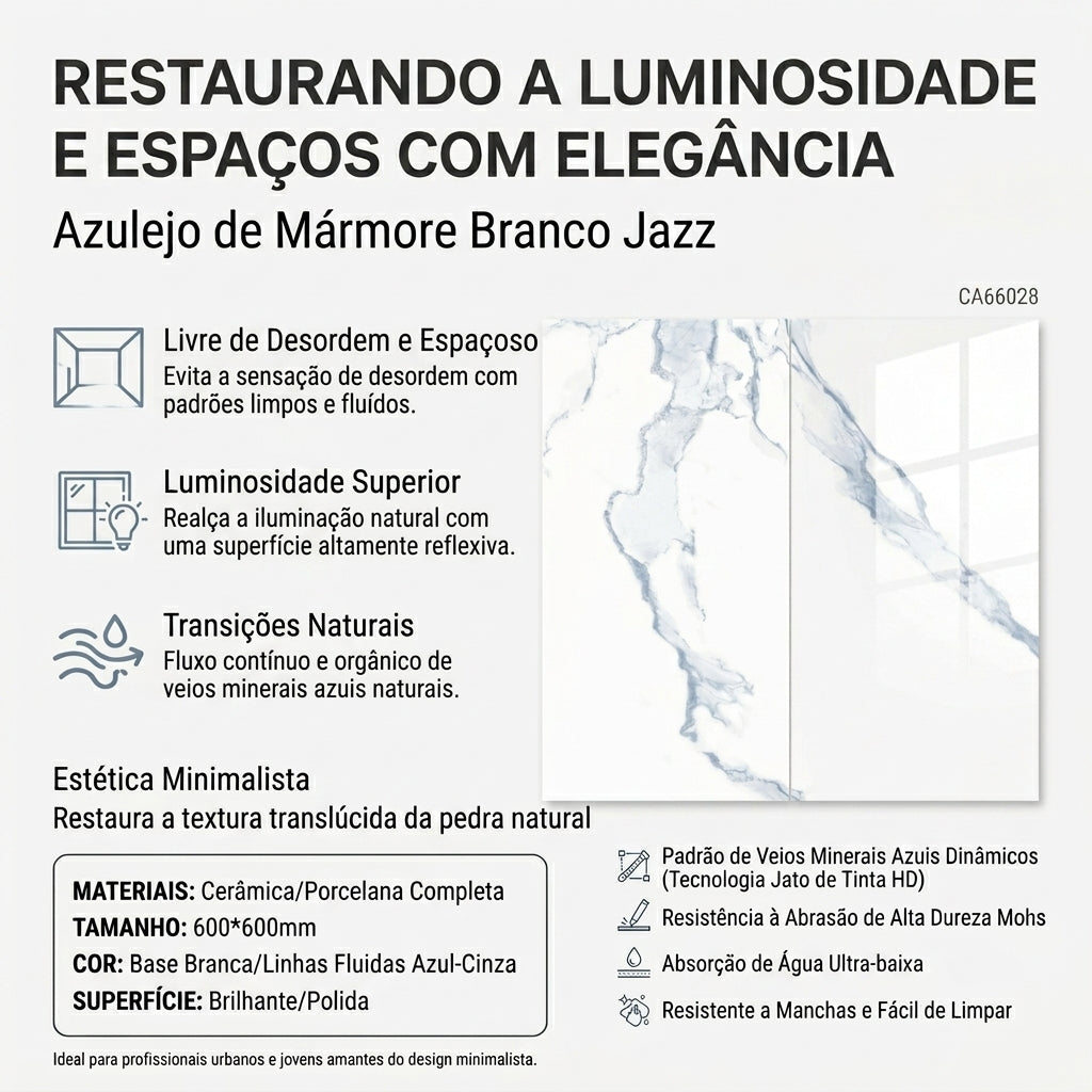 【Entrega gratuita até casa em Soyo】Porcelanato CA66028 Jazz White 600x600mm Veios Azul Cinza HD Inkjet Polido Brilhante