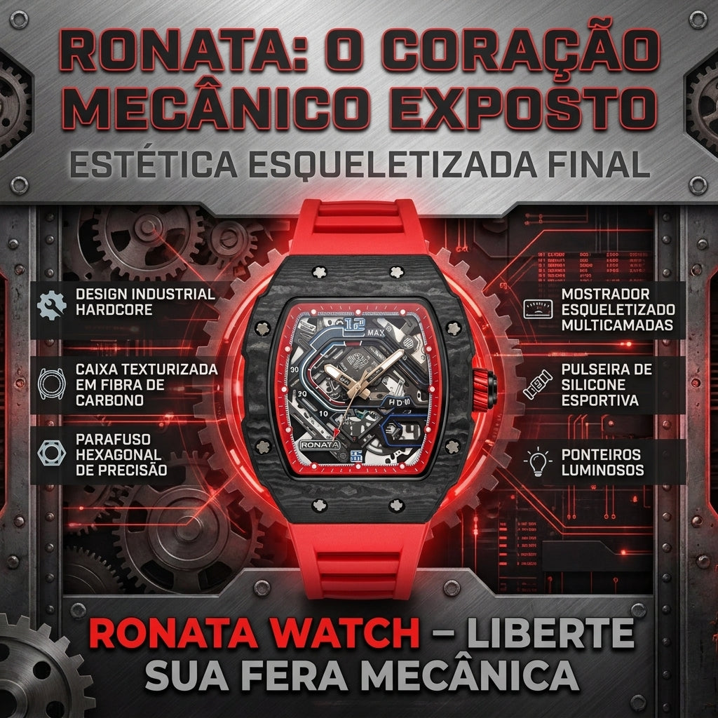 Relógio Ronata Mecânico Esqueleto Fibra de Carbono Pulseira Silicone Vermelho Ponteiros Luminosos
