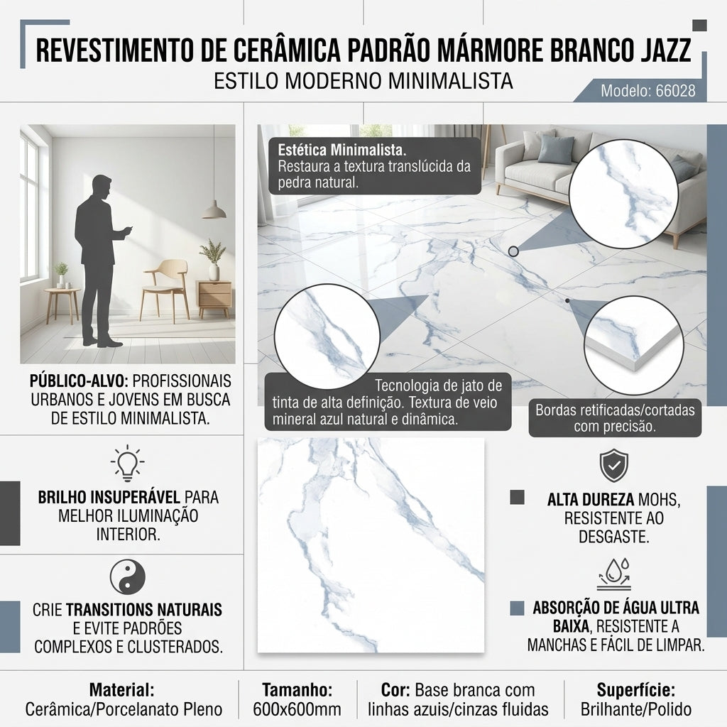 【Entrega gratuita até casa em Soyo】Porcelanato CA66028 Jazz White 600x600mm Veios Azul Cinza HD Inkjet Polido Brilhante