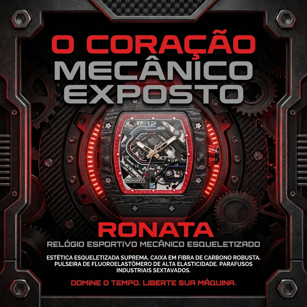 Relógio Ronata Mecânico Esqueleto Fibra de Carbono Pulseira Silicone Vermelho Ponteiros Luminosos