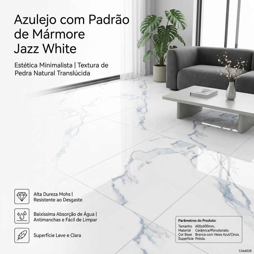 【Entrega gratuita até casa em Soyo】Porcelanato CA66028 Jazz White 600x600mm Veios Azul Cinza HD Inkjet Polido Brilhante